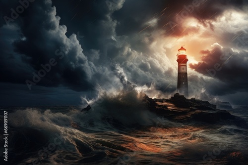 Lighthouse at night in a stormy sea with clouds and waves