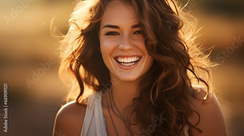 Young happy smiling woman standing in a field with sun shining through her hair having fun enjoying free time and freedom outdoors