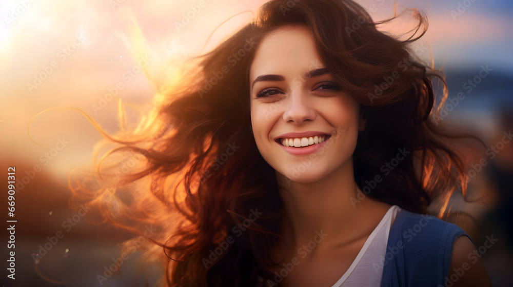 Young happy smiling woman standing in a field with sun shining through her hair enjoying free time and freedom outdoors, having fun relaxing and living happy moments