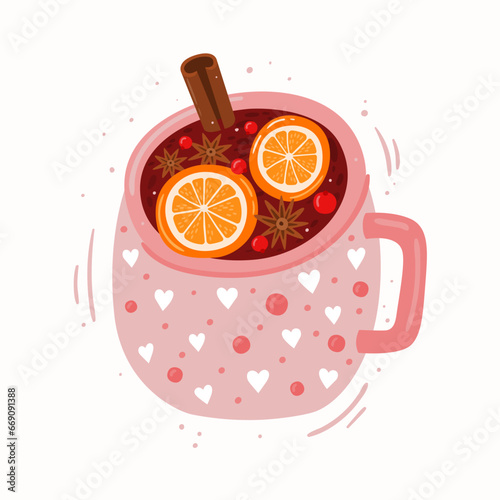 Cute pink mug with fruit drink. Mulled wine. Cinnamon, oranges, berries, star anise for a winter drink. Vector isolated illustration.