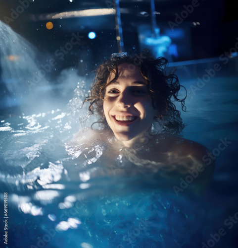 Happy young beautiful brunette woman laugh and smile in wellness spa bubble bath or aqua park pool water with water splash and copy space