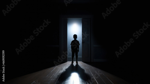 Young boy silhouette in dark room in front of the door from which the light emanates. The concept of social distance