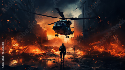 Helicopter and soldier in a warzone