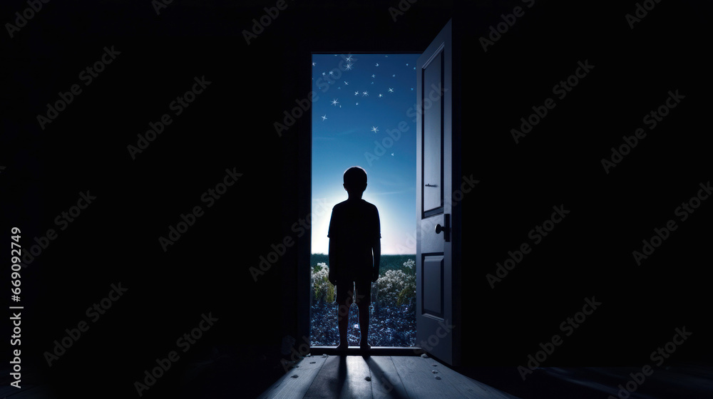 Fototapeta premium Young boy silhouette in dark room in front of the door from which the light emanates. The concept of social distance