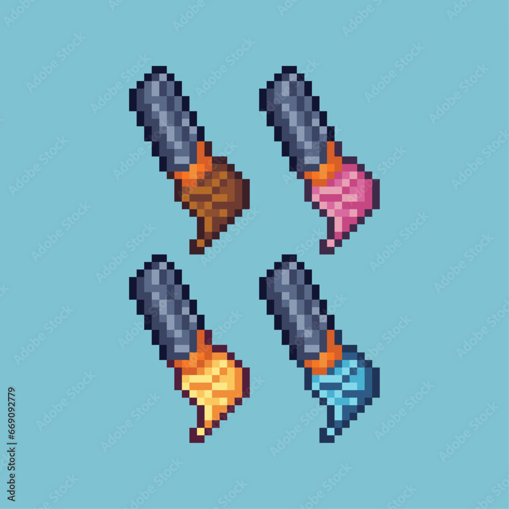 Pixel art sets of draw brush with variation color item asset. Simple bits of brush pixelated style. 8bits perfect for game asset or design asset element for your game design asset. Pixel art sets of draw brush with variation color item asset. Simple bits of brush pixelated style. 8bits perfect for game asset or design asset element for your game design asset.