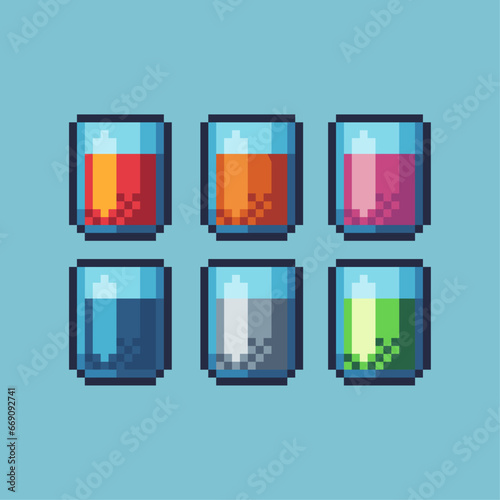 Pixel art sets of juice drink glass with variation color item asset. Simple bits of glass of juice pixelated style. 8bits perfect for game asset or design asset element for your game design asset.