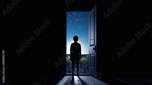 Young boy silhouette in dark room in front of the door from which the light emanates. The concept of social distance © vetre