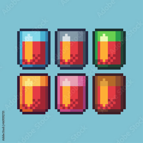 Pixel art sets of juice drink glass with variation color item asset. Simple bits of glass of juice pixelated style. 8bits perfect for game asset or design asset element for your game design asset.