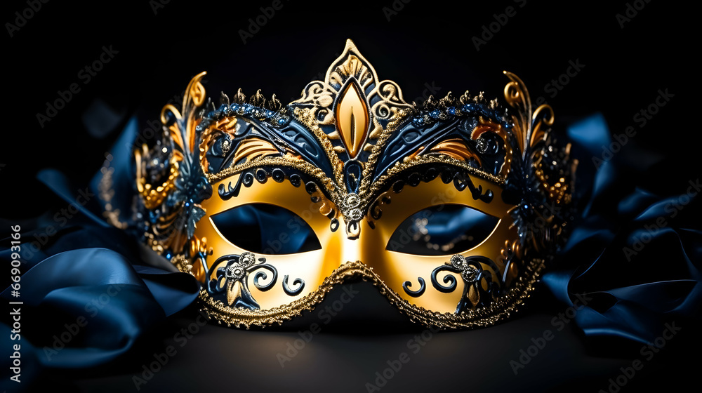 Gold and blue carnival mask on the dark background.