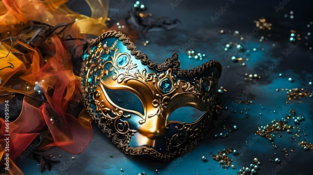 A carnival mask, resplendent in royal blue and shimmering gold, intricately decorated with ornate patterns and a secretive allure, embodying the enchantment of a masked affair.
