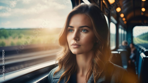 Beautiful young woman looking out the window  while traveling photo