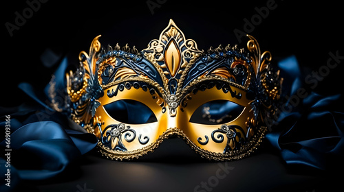 Gold and blue carnival mask on the dark background.