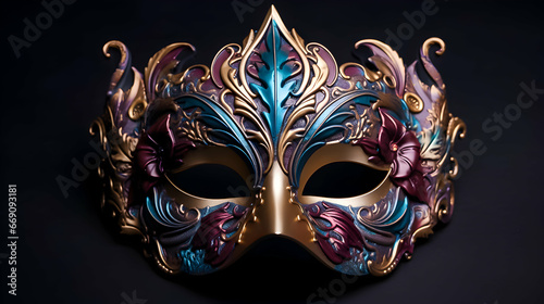 Golden carnival mask with purple and blue details isolated on black.