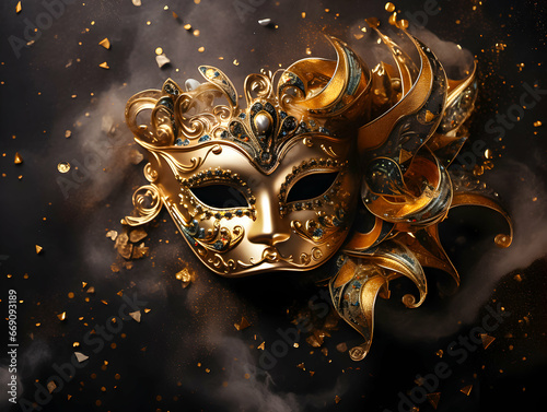 Golden carnival mask on dark background. © SuperGlück