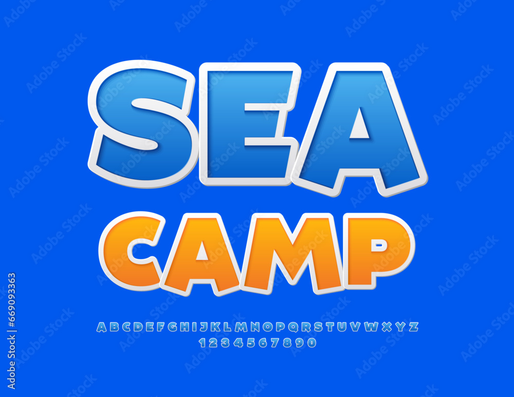 Vector recreational poster Sea Camp. Blue sticker Font. Set of creative Alphabet Letters, Numbers and Symbols