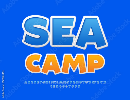 Vector recreational poster Sea Camp. Blue sticker Font. Set of creative Alphabet Letters, Numbers and Symbols