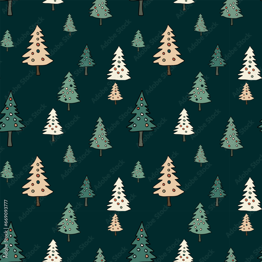 Obraz premium Vector New Year background, Christmas, holiday, wrapping paper, Christmas trees, snow. Continuous, seamless.