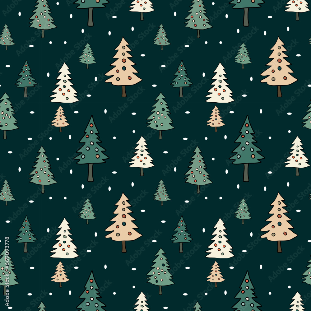 Vector New Year background, Christmas, holiday, wrapping paper, Christmas trees, snow. Continuous, seamless.