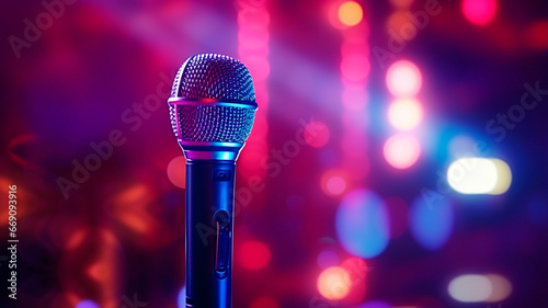 microphone on a stand illuminated by club lights, setting the scene for karaoke, podcasts, recording studios, and musical backgrounds. Generative AI 