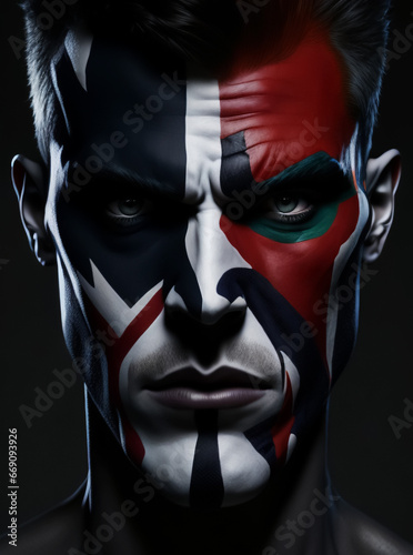 A portrait of an angry man with his face painted in the colors of a national flag. Suitable for patriotism, protest, and national identity concepts.
