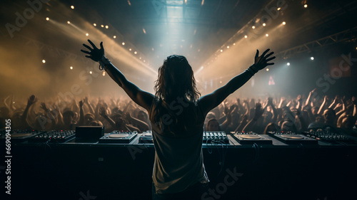 A female DJ at a party raises her hand and darkness, yfor a yphoric crowd, laser show, Generative AI