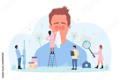 Seasonal allergy to flower pollen vector illustration. Cartoon tiny people give handkerchief to sick man with runny nose and flu, doctors with magnifying glasses examine allergens and dust in air
