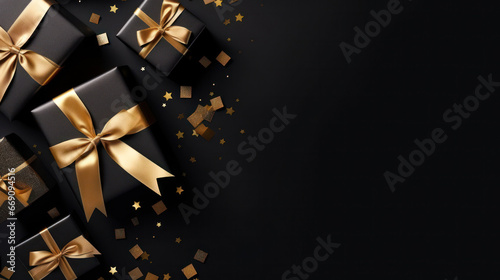 Arranged Gifts boxes wrapped in black paper with golden ribbon on black background. Black friday or Christmas concept