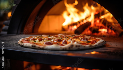 Pizza close-up  blurred background with flames from the wood-fired oven  dreamy atmosphere