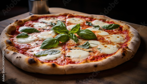 Closeup of texture of mozzarella, margherita pizza and fresh basil leaves