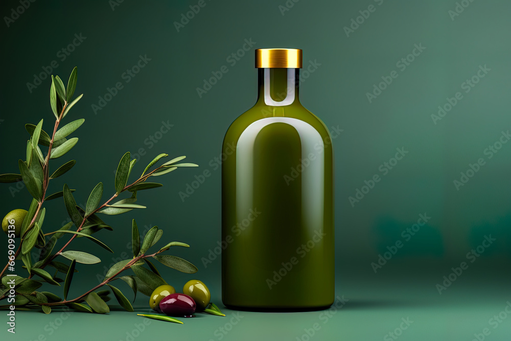 Mock up of olive oil as an elixir of health and well-being, its beneficial properties Mock up of olive oil as an elixir of health and well-being, its beneficial properties