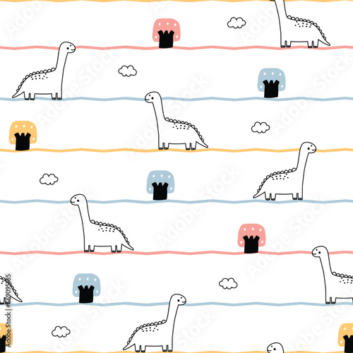 Dinosaur and notebook line drawing baby seamless pattern cute cartoon animal background hand drawn in children style Design used for print, wallpaper, fabric, textiles, vector illustration