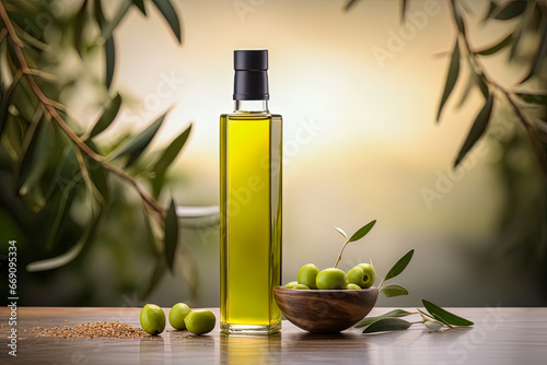 Mock up of olive oil as an elixir of health and well-being, its beneficial properties photo
