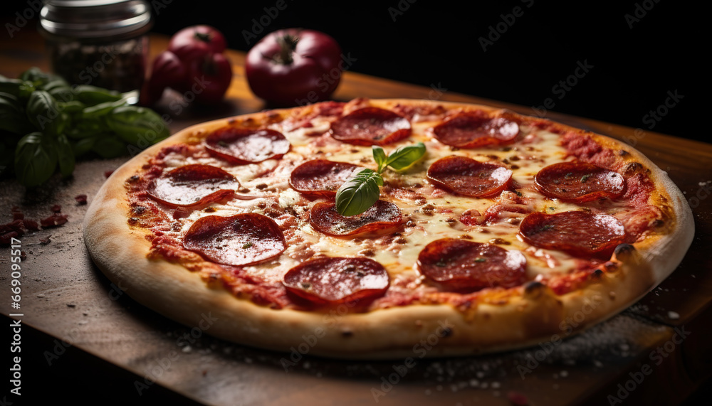 Closeup of a classic pepperoni pizza on a wooden table and dark blurred background