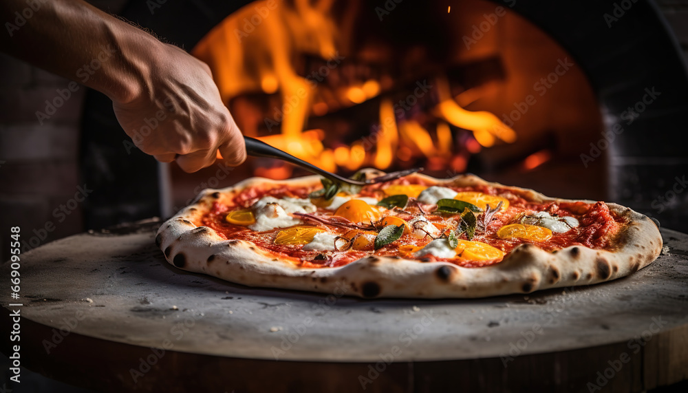 Rustic wood-fired pizza with bubbling mozzarella cheese and intense orange glow from the flames