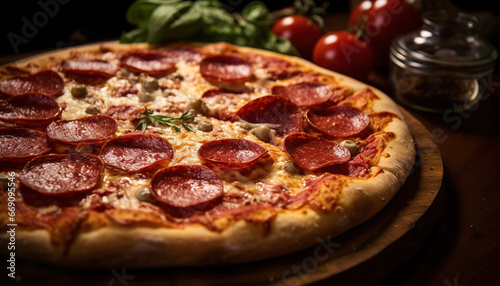 Closeup of a classic pepperoni pizza on a wooden table and dark blurred background