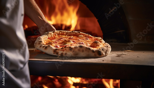 Rustic wood-fired pizza with bubbling mozzarella cheese and intense orange glow from the flames photo