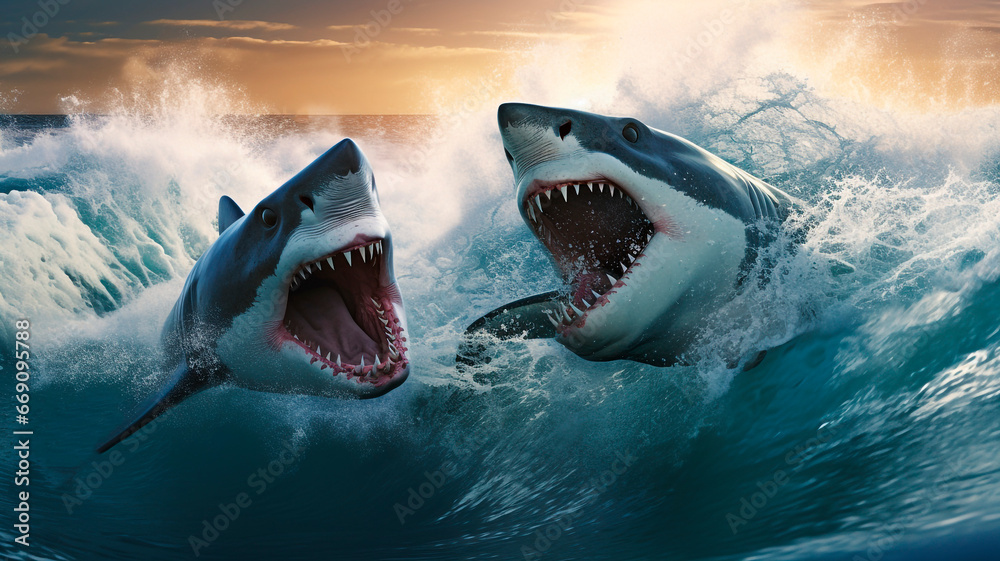Obraz premium two attacking sharks leap out of the rising tide. Generative AI