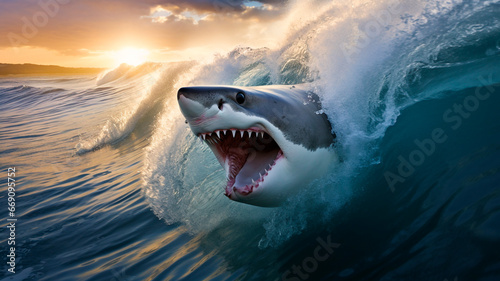 two attacking sharks leap out of the rising tide. Generative AI