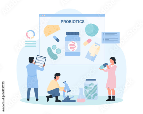 Probiotics and prebiotics for digestive health vector illustration. Cartoon tiny people recommend natural fermented food with probiotics and fiber, supplement products improve intestinal microbiome © Flash concept