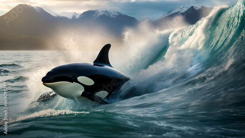Orcas jump out from under the rising waves. Generative AI 