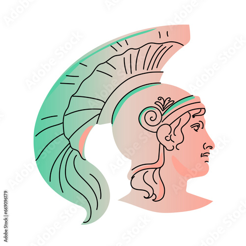 Head of a Greek warrior. Sculpture of a warrior in a helmet. Antique portrait. Theseus is a character of ancient Greek mythology. Element with color gradient and line. Hand drawn. Vector illustration.