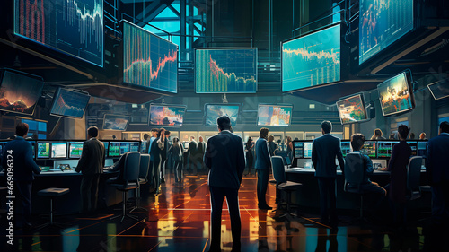 The interior of a room in the building of a brokerage office or securities center, reflecting the bustling atmosphere of the stock market . Generative AI