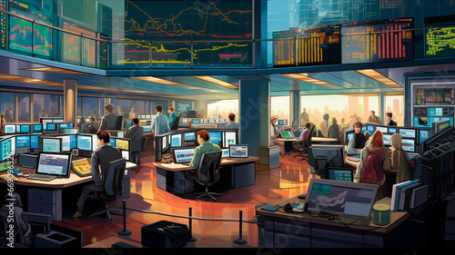 The interior of a room in the building of a brokerage office or securities center, reflecting the bustling atmosphere of the stock market . Generative AI