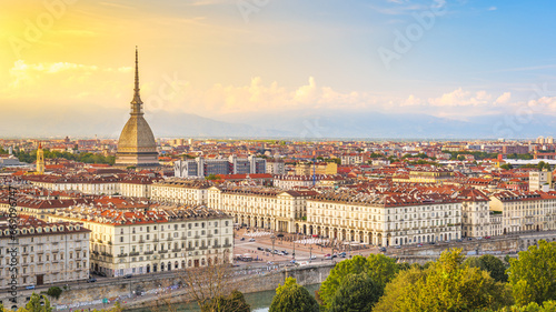 Turin, Italy. View from above on the city and the Mole Antonelliana at sunset. 2023-09-01. © Alessandro