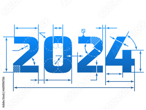 New Year 2024 number with dimension lines. Element of blueprint drawing in shape of 2024 year. Vector design element for new years day, christmas, winter holiday, engineering, new years eve, etc