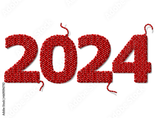 New Year 2024 of knitted fabric isolated on white background. Fragments of knitting in shape of number 2024. Vector design element for new years day, christmas, winter holiday, new years eve, etc