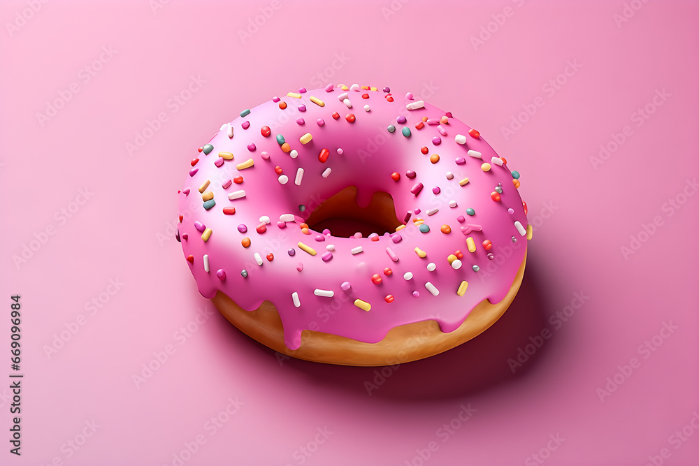 3D illustration of a bright pink donut with a scattering of decorations on a monochrome background, generated ai 3D illustration of a bright pink donut with a scattering of decorations on a monochrome background, generated ai