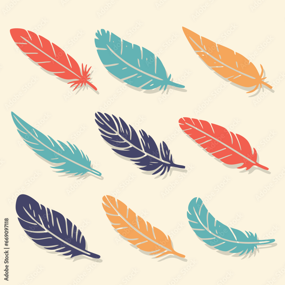 Colorful bird feathers set icon. Feather silhouette. Plumelet flat collection. Vintage pen for calligraphy. Vector isolated on white Colorful bird feathers set icon. Feather silhouette. Plumelet flat collection. Vintage pen for calligraphy. Vector isolated on white