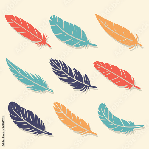 Colorful bird feathers set icon. Feather silhouette. Plumelet flat collection. Vintage pen for calligraphy. Vector isolated on white