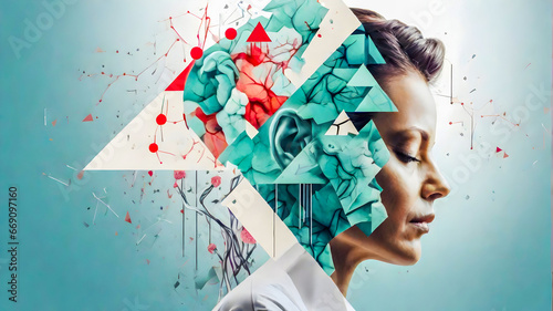 May is Mental Health Awareness Month banner, medical concept, double exposure,  geometric photo